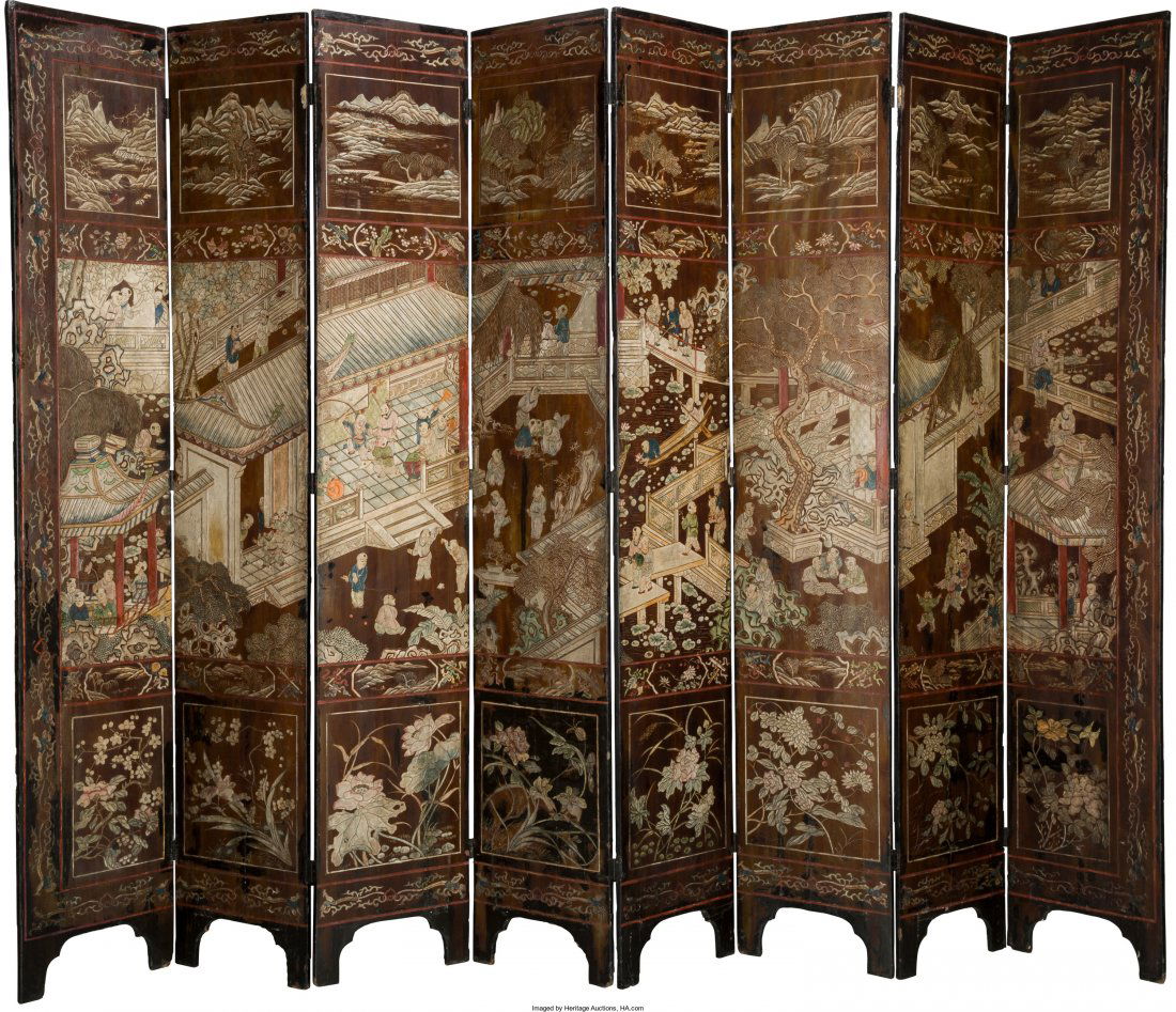 A Chinese Lacquered Eight-Panel Screen 82 x 15-1 (1 of 2)