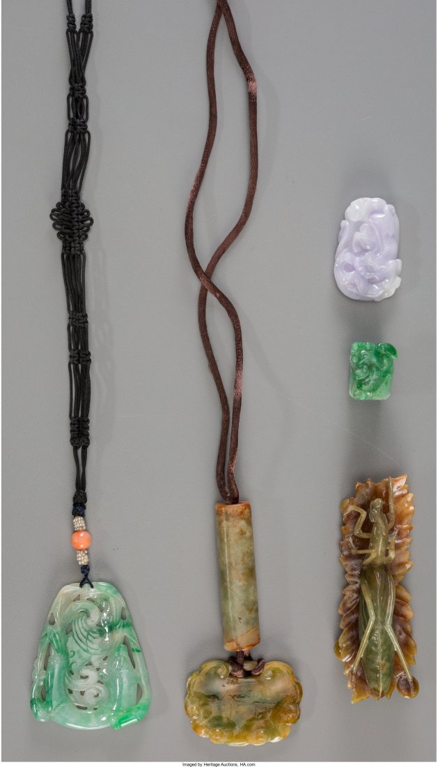 Three Carved Jade and Jadeite Pendants with Seal (1 of 2)