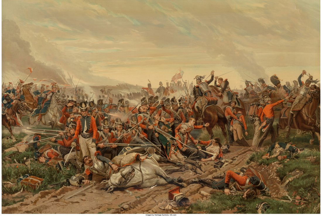 A Large Framed Print Depicting the Battle of Waterloo