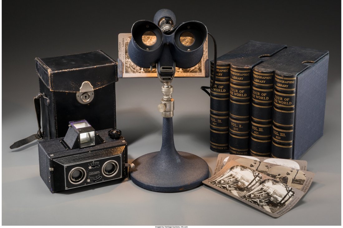 An Altiscop Stereoscope Camera, Extensive Keystone: An Altiscop Stereoscope Camera, Extensive Keystone Stereoscope Library, and Viewer, c. 1930 12 h x 7 w x 7 d inches (30.5 x 17.8 x 17.8 cm) (viewer) Property from the Collection of Mr. Kenneth W. Davi