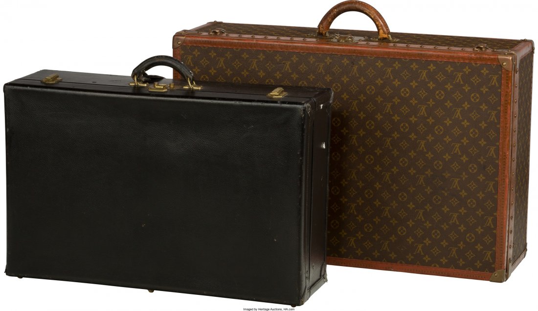 Two Louis Vuitton and Hermes Leather Suitcases, Paris,: Two Louis Vuitton and Hermes Leather Suitcases, Paris, mid-20th century 20-3/4 h x 31-5/8 w x 10 d inches (52.7 x 80.3 x 25.4 cm) (larger, Louis Vuitton) 17-1/2 h x 27 w x 8 d inches (Hermes) Property