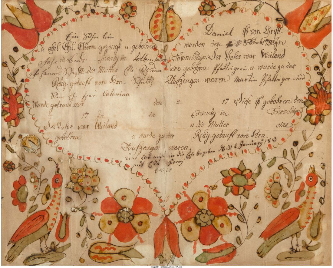 A Pennsylvania Dutch Folk Art Fraktur, circa 1843: A Pennsylvania Dutch Folk Art Fraktur, circa 1843 18-1/2 inches high x 21-1/4 inches wide (47.0 x 54.0 cm) (framed) HID04901242017