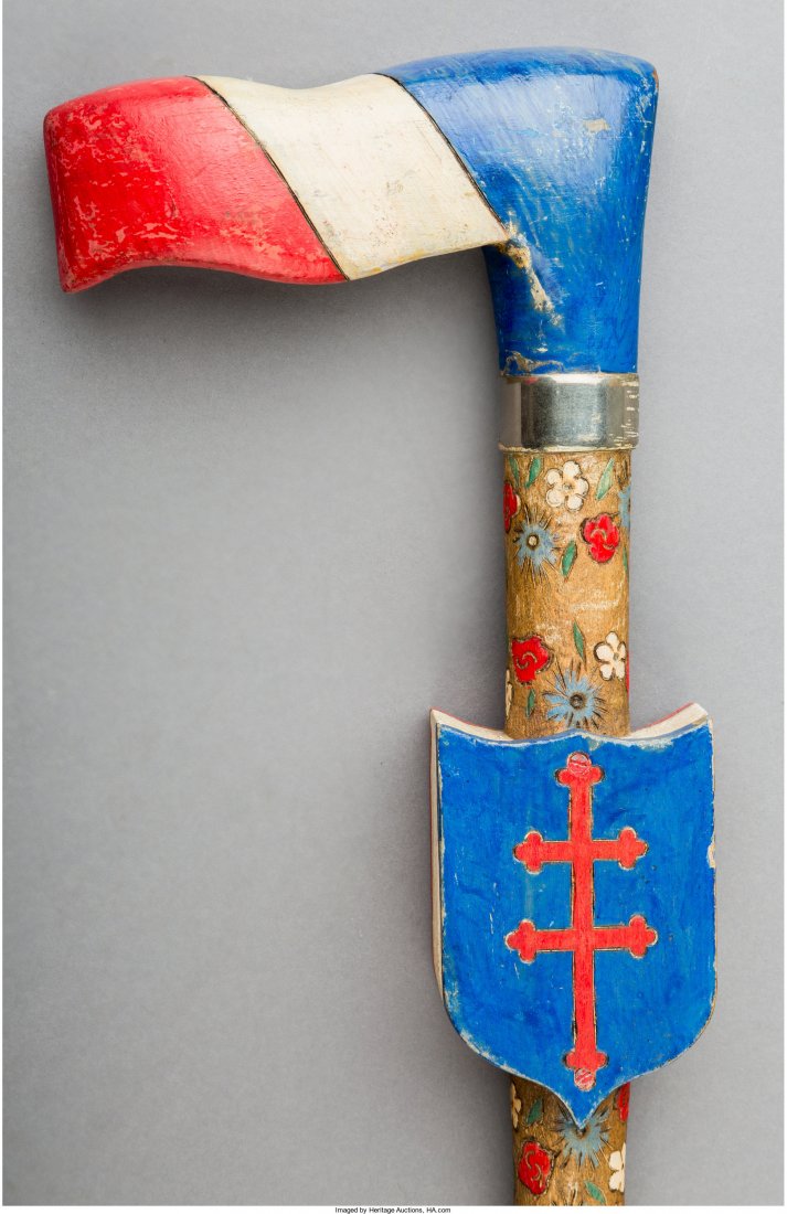 A French National Anthem Music Box Walking Stick, late: A French National Anthem Music Box Walking Stick, late 19th century 34-1/4 inches high (87 cm) Property from the Collection of Mr. Kenneth W. Davis, Fort Worth, Texas The painted and carved wood flag-