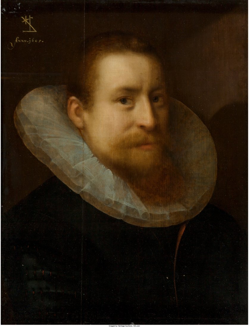 Dutch School (17th Century) A portrait of a gentleman,: Dutch School (17th Century) A portrait of a gentleman, bust-length, wearing a ruff Oil on panel 19-1/4 x 14-3/4 inches (48.9 x 37.5 cm) Bears artist monogram and date upper left PROVENANCE: Shinwa Art