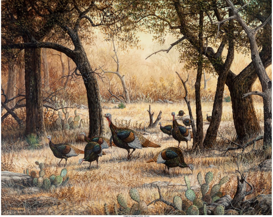 J.W. Thrasher (American, b. 1940) Wild Turkeys Oil on: J.W. Thrasher (American, b. 1940) Wild Turkeys Oil on canvas 24 x 30 inches (61.0 x 76.2 cm) Signed lower right: J. W. Thrasher HID04901242017