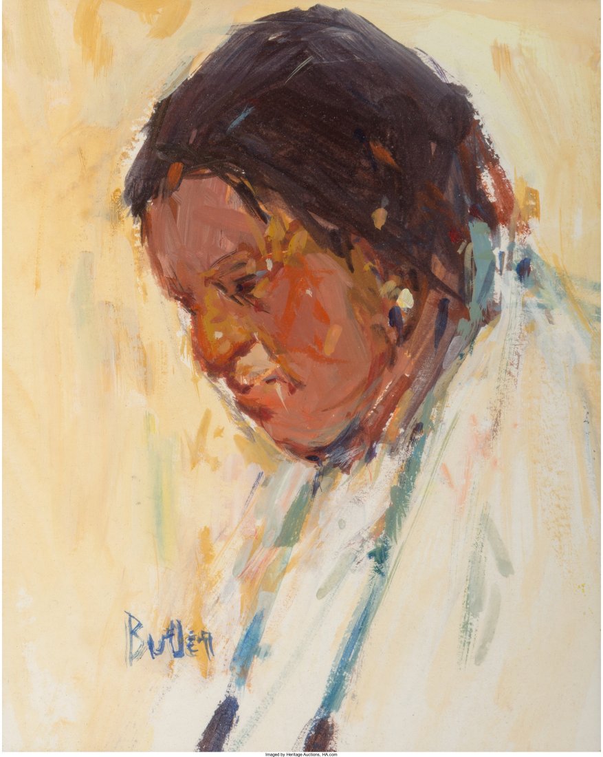 James Butler (American, b. 1925) Native American: James Butler (American, b. 1925) Native American Portrait Gouache on board 6-1/2 x 5-1/4 inches (16.5 x 13.3 cm) (sight) Signed lower left: Butler HID04901242017