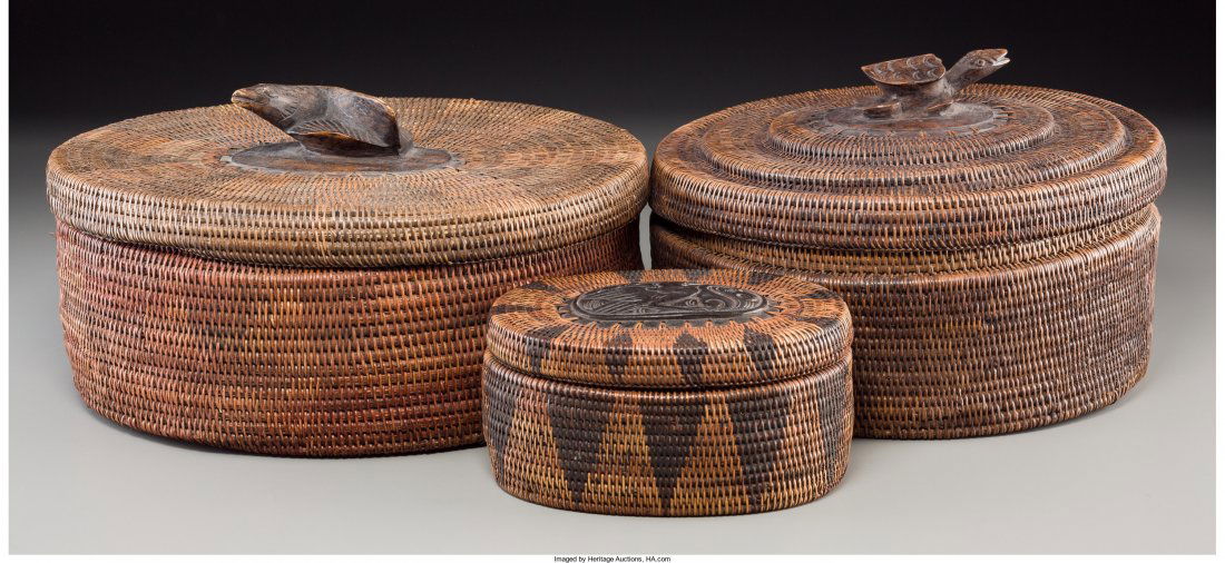 Three Southeast Asian Woven Wicker Baskets, circa 1930