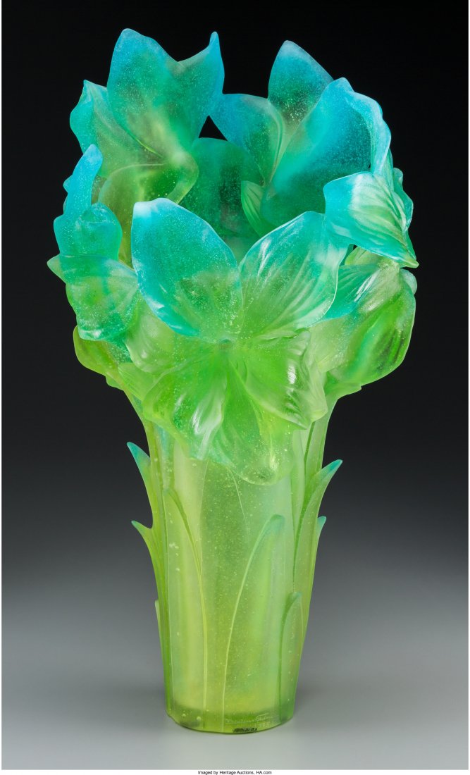 A Large Daum Green and Turquoise Pate de Verre Glass: A Large Daum Green and Turquoise Pate de Verre Glass Magnum Amaryllis Vase, Nancy, France, late 20th century Marks: Daum, France, 62/375 23-1/4 inches high (59.1 cm) Lot accompanied by original box an