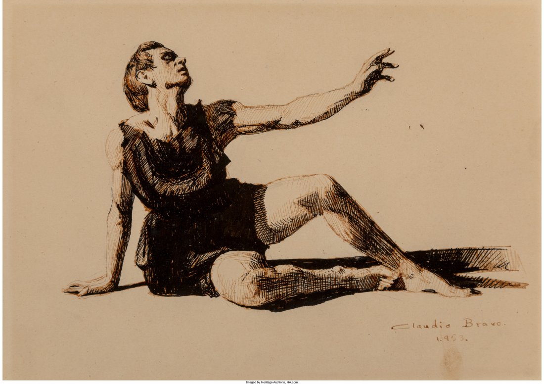 Claudio Bravo (Chilean, 1936-2011) Untitled (Seated: Claudio Bravo (Chilean, 1936-2011) Untitled (Seated Dancer), 1953 Ink on paper 7-1/8 x 10 inches (18.1 x 25.4 cm) (sheet) Signed and dated lower right: Claudio Bravo / 1953. PROVENANCE: The Forbes Col
