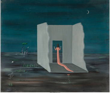 Gertrude Abercrombie (American, 1908-1977) Untitled: Gertrude Abercrombie (American, 1908-1977) Untitled (Woman in a crumbling cell), 1949 Oil on Masonite 11-1/2 x 13-3/8 inches (29.2 x 34.0 cm) Signed and dated lower right: Abercrombie '49 PROVENANCE: