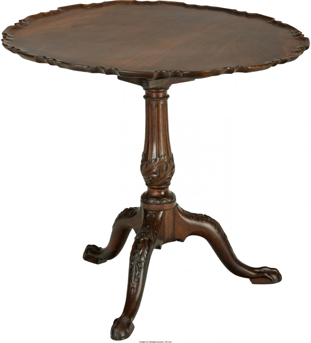 An English Chippendale Carved Mahogany Tilt Top Tea: An English Chippendale Carved Mahogany Tilt Top Tea Table, late 18th century, pie crust top with birdcage mechanism below 30-1/8 inches high x 33-3/8 inches diameter (76.5 x 84.8 cm) Tea table having