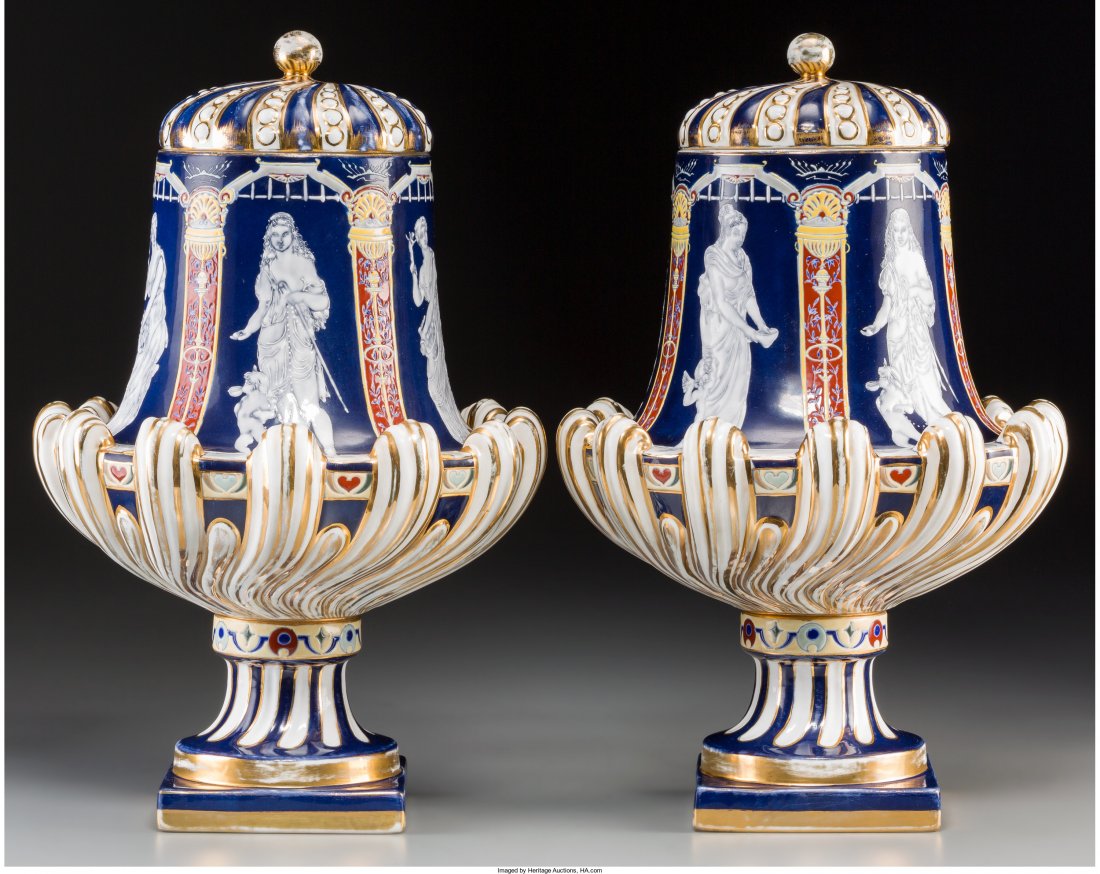 A Pair of Neoclassical-Style Porcelain Covered Vases: A Pair of Neoclassical-Style Porcelain Covered Vases Marks: (spurious marks for Minton) 16-1/8 inches high (41.0 cm) HID04901242017