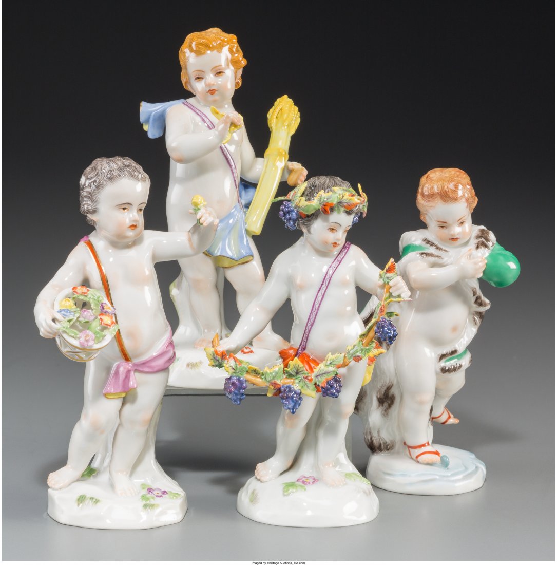 Four Meissen Porcelain Putti Figures: The Four Seasons,: Four Meissen Porcelain Putti Figures: The Four Seasons, 19th century Marks: (crossed swords in blue underglaze), (various) 5-1/2 inches high (14.0 cm) (tallest, Autumn) HID04901242017