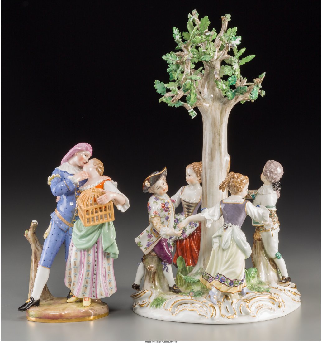Two Meissen Porcelain Groups: Arbor Dancers, Lovers: Two Meissen Porcelain Groups: Arbor Dancers, Lovers with Birdcage, late 19th-early 20th century Marks: (crossed swords in blue underglaze), (various) 12 inches high (30.5 cm) (taller) HID04901242017