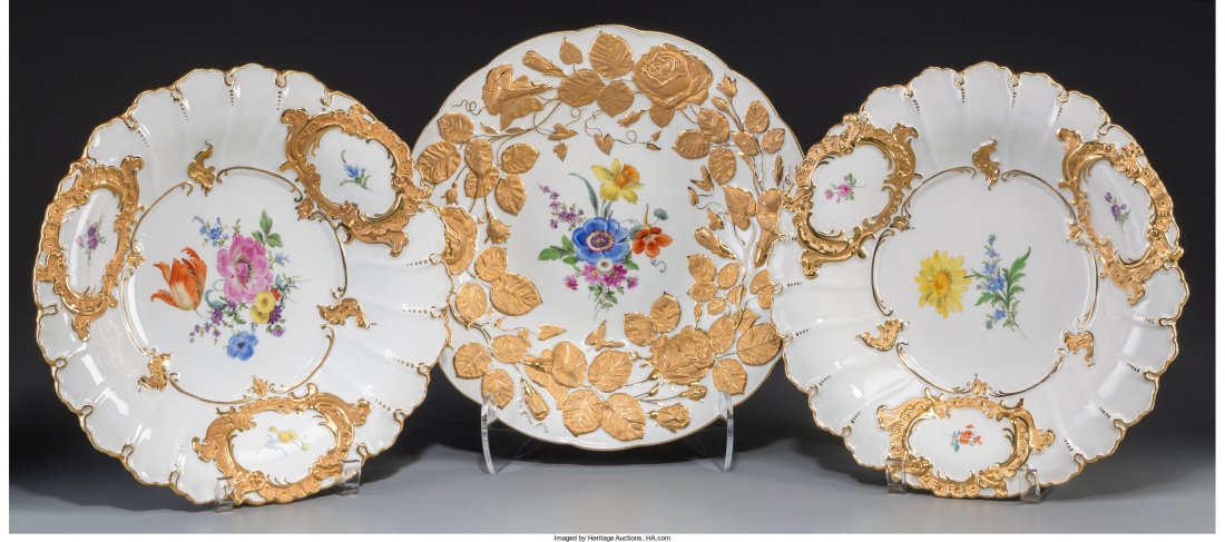 Three Meissen Partial Gilt Porcelain Wall Plates, late: Three Meissen Partial Gilt Porcelain Wall Plates, late 19th-early 20th century Marks: (crossed swords in blue underglaze), (various) 11-5/8 inches diameter (29.5 cm) HID04901242017