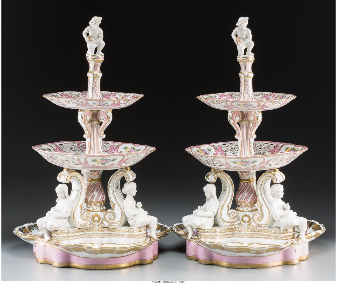 A Pair of Sevres-Style Porcelain Three-Tiered Epergnes: A Pair of Sevres-Style Porcelain Three-Tiered Epergnes Marks: (pseudo-Sevres marks) 21-3/4 inches high x 13-3/4 inches wide (55.2 x 34.9 cm) HID04901242017