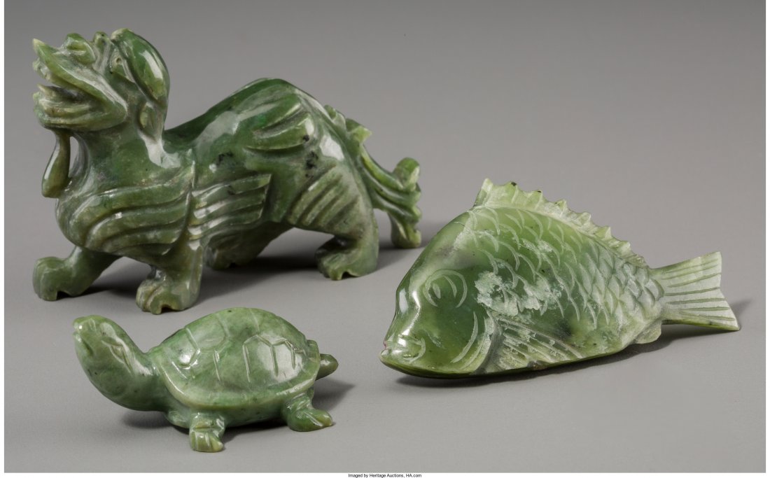 Three Chinese Carved Spinach Jade Animal Figures