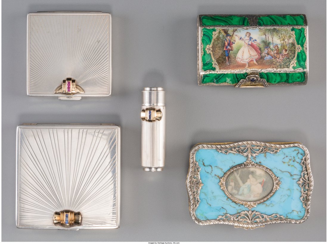 Three Tiffany & Co. Sterling Silver, 14K Gold, and: Three Tiffany & Co. Sterling Silver, 14K Gold, and Gemstone-Mounted Vanity Items with Two Enameled Snuff Boxes Marks: (various) 2-3/8 inches high x 3-3/8 inches wide (6.0 x 8.6 cm) (largest snuff box)