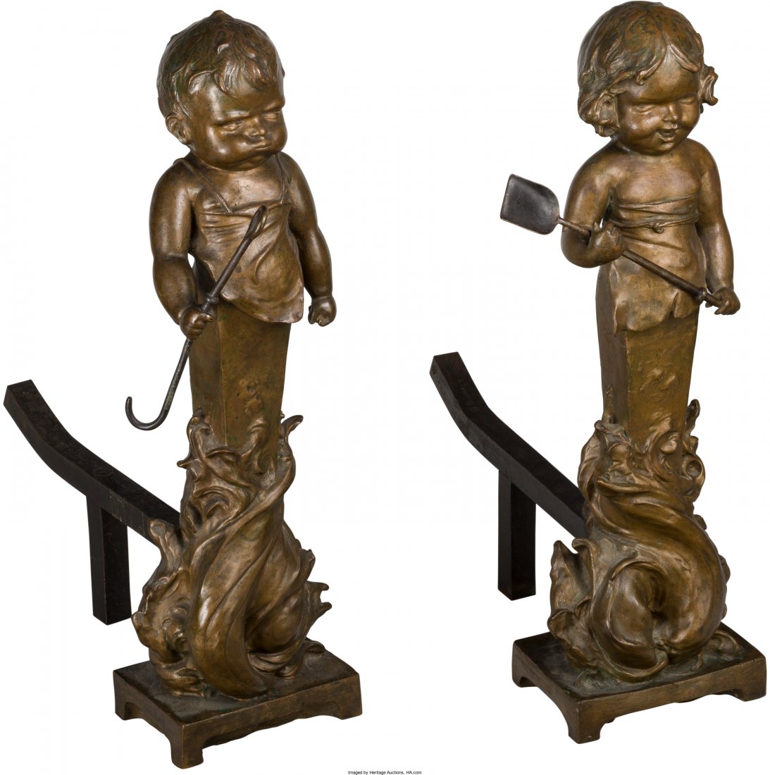 A Pair of Henry Linder Bronze and Iron Figural Boy and: A Pair of Henry Linder Bronze and Iron Figural Boy and Girl Andirons Marks: HL, 1896, ROMAN BRONZE WORKS N.Y. 23-5/8 h x 7 w x 17-1/2 d inches (60.0 x 17.8 x 44.5 cm) Property from the Estate of Charl