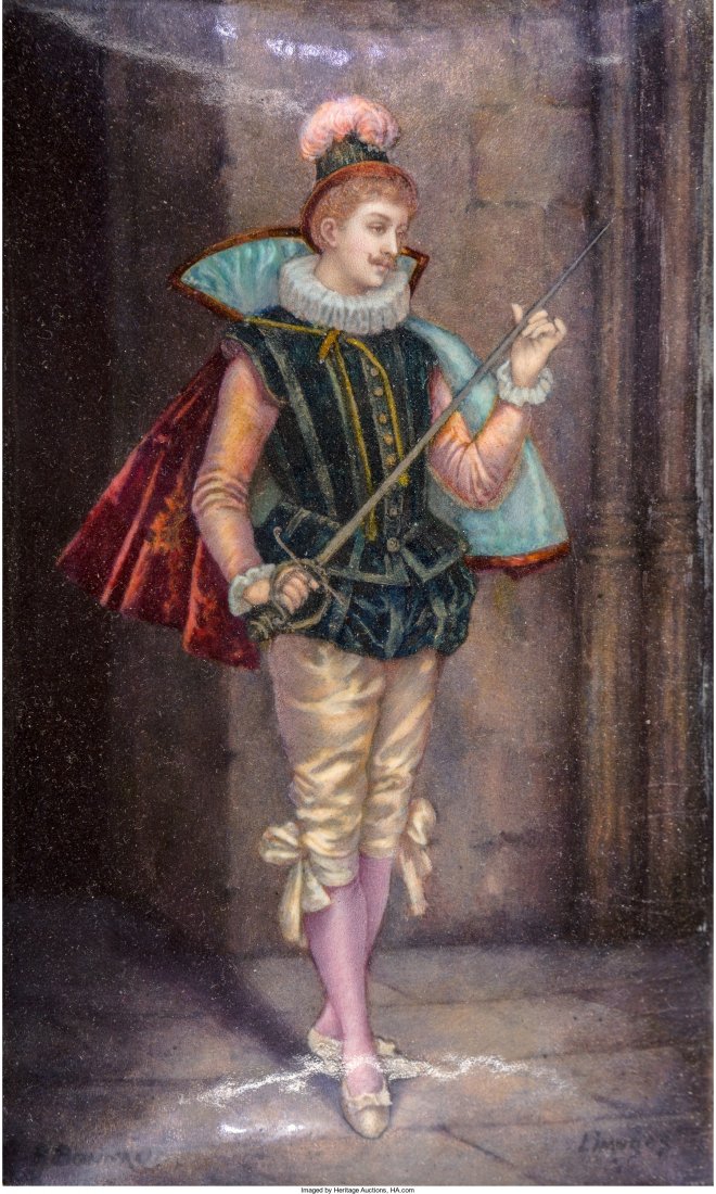 A Framed Limoges Enameled Copper Plaque of a Courtier: A Framed Limoges Enameled Copper Plaque of a Courtier by Pierre Bonnaud, circa 1890 Marks: P BONNAUD, Limoges 7-3/4 inches high x 4-3/4 inches wide (19.7 x 12.1 cm) (plaque) 14-3/4 inches high x 11-3/