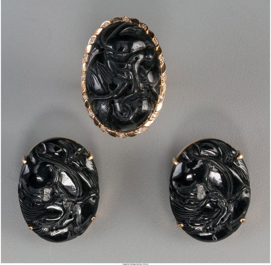 A Three-Piece 14K Gold, Diamond and Hardstone Earring: A Three-Piece 14K Gold, Diamond and Hardstone Earring and Ring Set Marks: 14K 1-3/8 inches long (3.5 cm) (ring, measured at longest length of stone and border) Property from the Estate of Charles Scha
