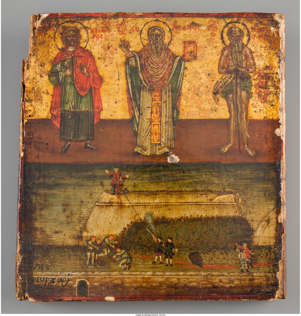 A Russian Oil on Wood Icon Depicting St. Basil, St.: A Russian Oil on Wood Icon Depicting St. Basil, St. Gregory, and St. Ioan Zlatoust 6-7/8 inches high x 6-3/8 inches wide (17.5 x 16.2 cm) Property from the Estate of Charles Schalebaum Icon depicting 