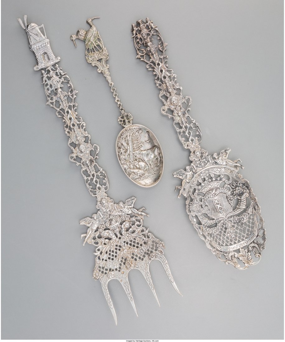 Three Dutch Silver Serving Pieces Marks: (lion: Three Dutch Silver Serving Pieces Marks: (lion passant-2), (key); (various) 13 inches long (33.0 cm) (longest) 13.58 troy ounces Property from the Estate of Charles Schalebaum HID04901242017
