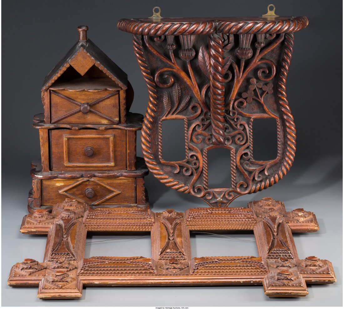 A Tramp Art Carved Wood Picture Frame, Spice Box, and: A Tramp Art Carved Wood Picture Frame, Spice Box, and Bracket Shelf, first half 20th century 26 inches high x 19 inches wide (66.0 x 48.3 cm) (largest, picture frame) HID04901242017