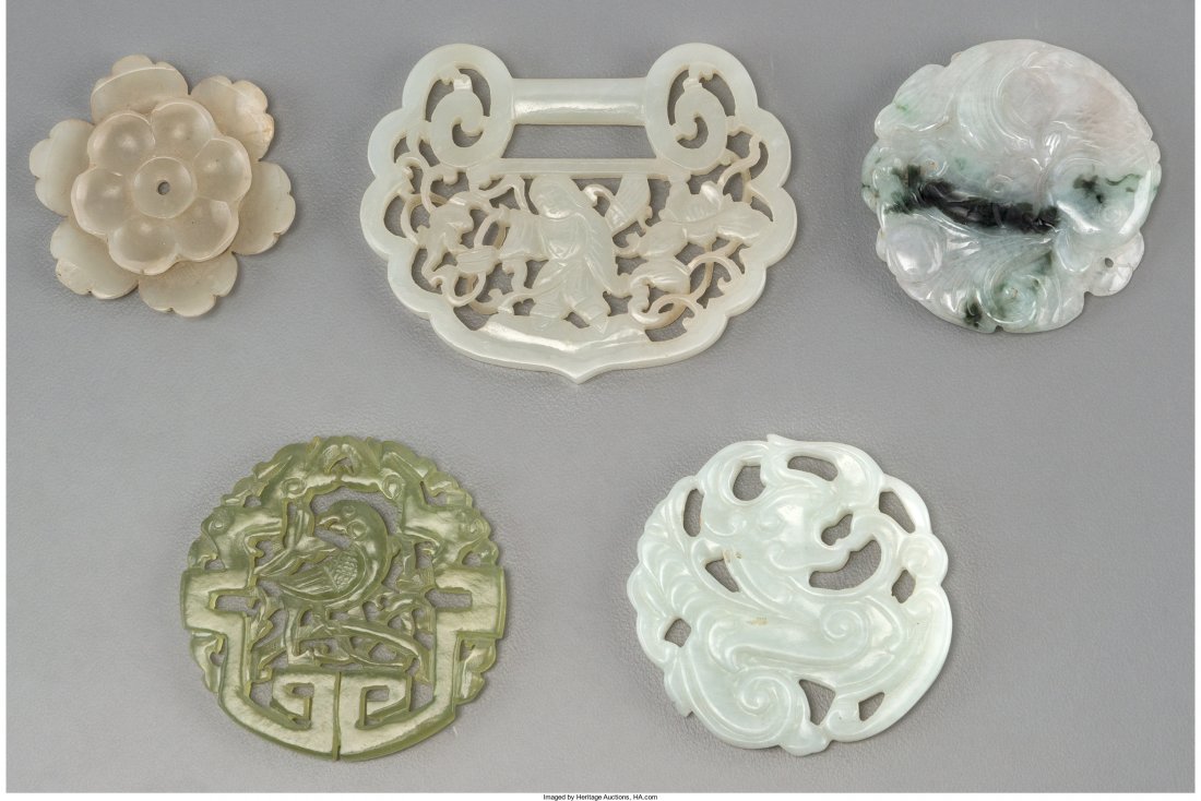 A Group of Five Chinese Carved Jade and Bowenite: A Group of Five Chinese Carved Jade and Bowenite Plaques 3 inches wide (7.6 cm) (largest) HID04901242017