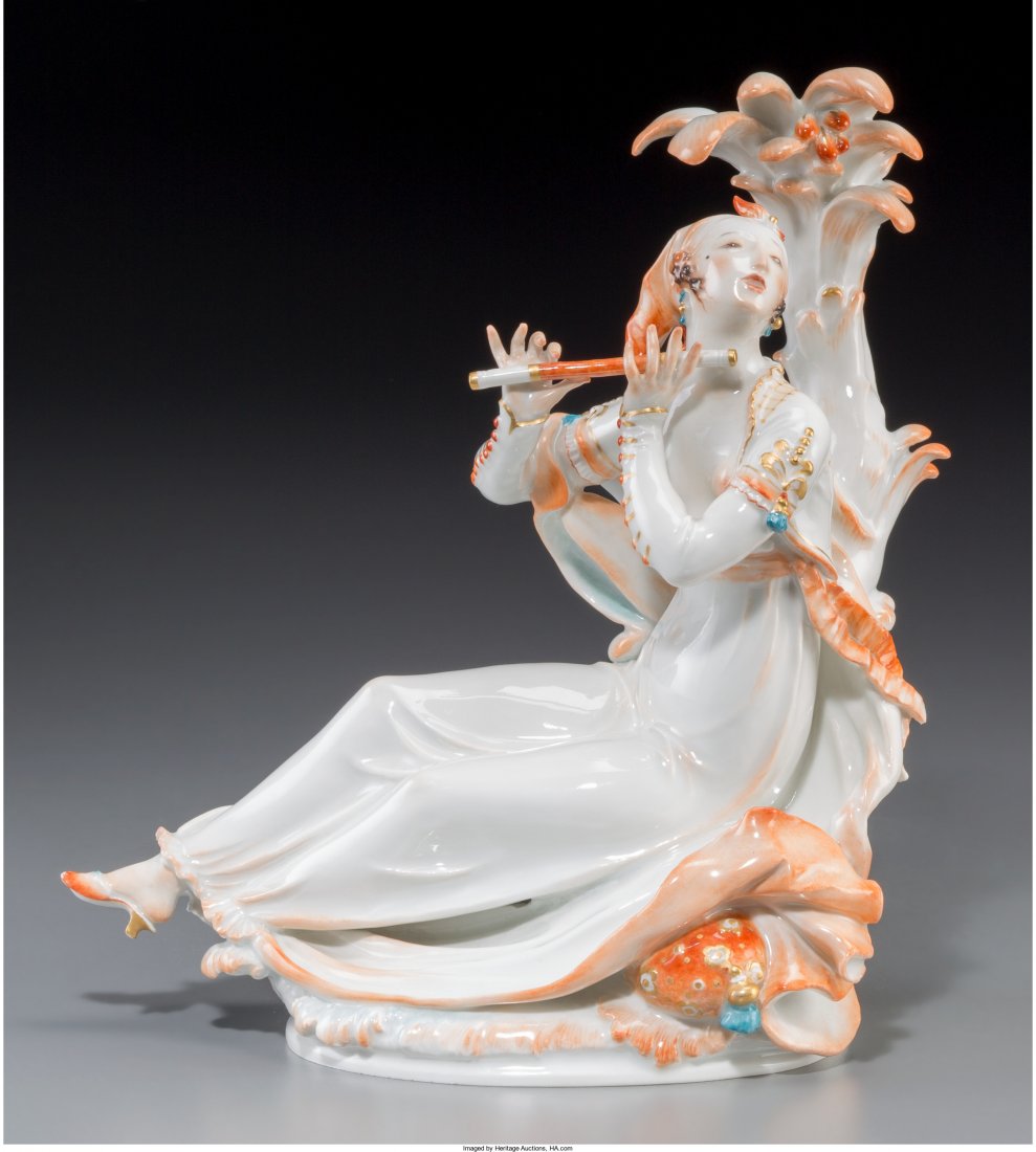 A Meissen Porcelain Erotic Odalisque Figure, early 20th: A Meissen Porcelain Erotic Odalisque Figure, early 20th century Marks: (crossed swords in blue underglaze), A1146, 150 8-5/8 h x 7 w x 3-3/4 d inches (21.9 x 17.8 x 9.5 cm) Note: Crossed swords mark b