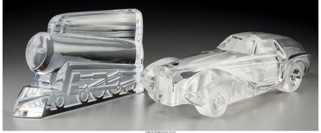 A Daum Glass Coupe Riviera and Pacific Steam Engine: A Daum Glass Coupe Riviera and Pacific Steam Engine Train Locomotive, Nancy, France, late 20th century Marks: Daum, France (various dimensions) Property from the Estate of Charles Schalebaum Car measu