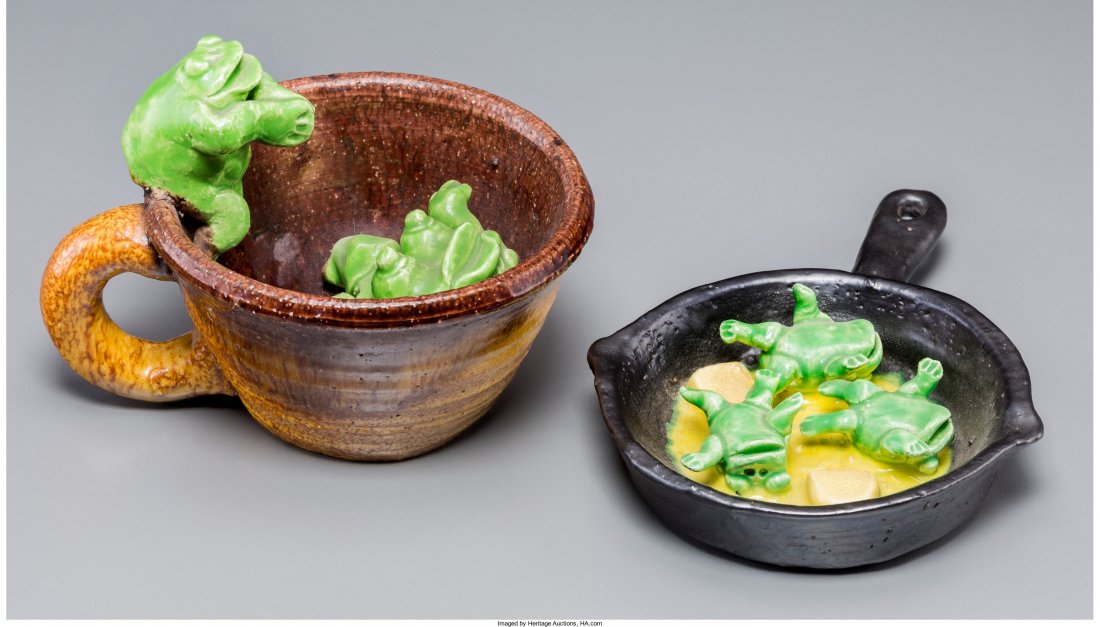 David James Gilhooly (American, 1943-2013) Frogs in: David James Gilhooly (American, 1943-2013) Frogs in Cup, 1974; Frogs in Skillet, 1989 Ceramic painted and glazed 4-1/4 x 5-1/2 x 4-1/2 inches (10.8 x 14.0 x 11.4 cm) (cup, largest) Each inscribed on u