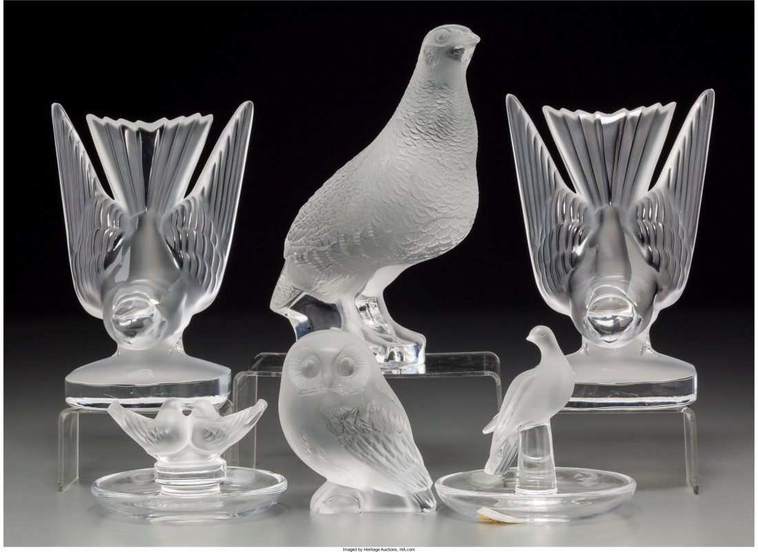 Six Lalique Clear and Frosted Glass Tablewares with: Six Lalique Clear and Frosted Glass Tablewares with Avian Motifs, post-1945 Marks: Lalique, France 6-3/4 inches high (17.1 cm) (tallest, grouse) HID04901242017
