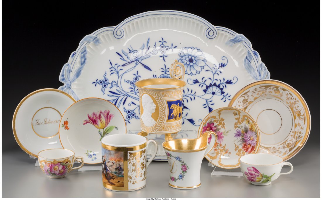A Group of Ten Porcelain Wares, 19th century and later: A Group of Ten Porcelain Wares, 19th century and later Marks: (various) 11-1/2 inches high x 15-1/4 inches wide (29.2 x 38.7 cm) (largest, tray) Comprising: KPM cup with bisque bust and classical moti