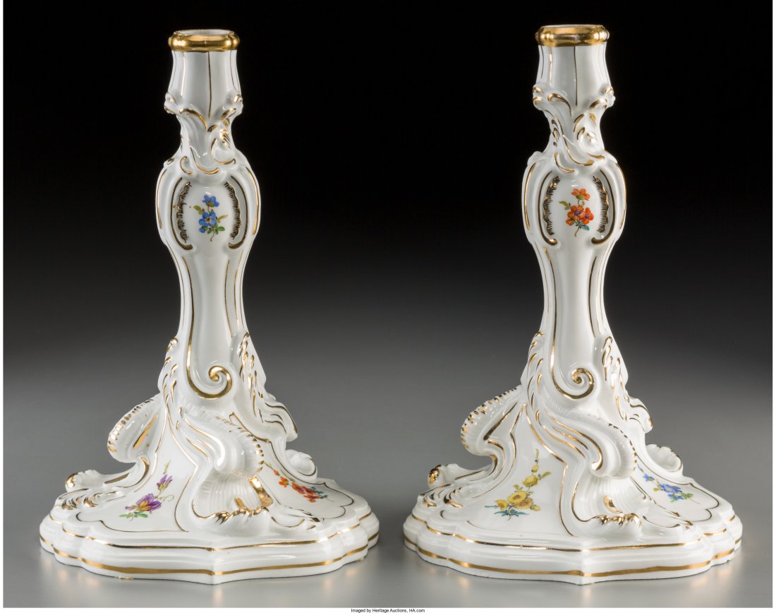 A Pair of Meissen Porcelain Candlesticks, late: A Pair of Meissen Porcelain Candlesticks, late 19th-early 20th century Marks: (crossed swords in blue underglaze), (various) 9-3/4 inches high (24.8 cm) HID04901242017