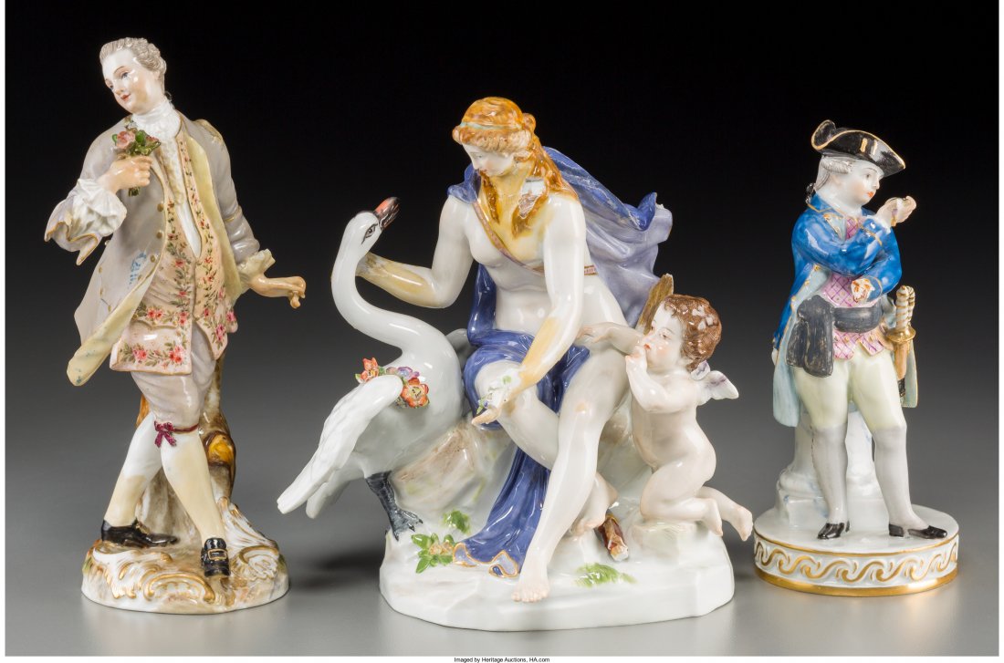 Three Meissen Porcelain Figures, late 19th-early 20th: Three Meissen Porcelain Figures, late 19th-early 20th century Marks: (crossed swords in blue underglaze), (various) 7-1/4 inches high (18.4 cm) (tallest) HID04901242017