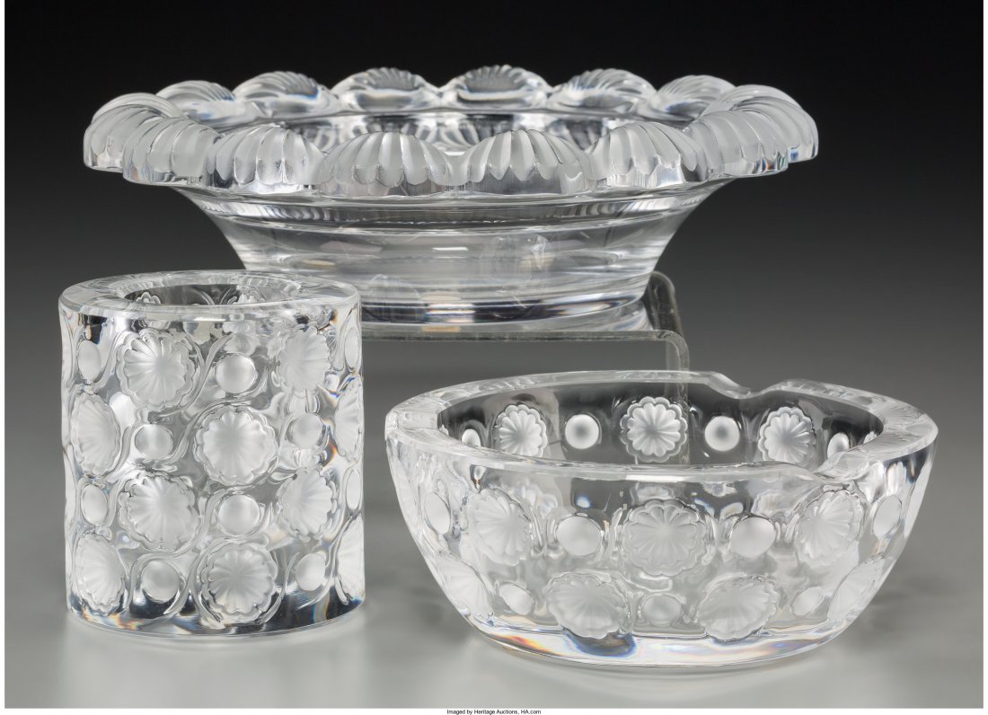 Three Lalique Clear and Frosted Glass Tablewares,: Three Lalique Clear and Frosted Glass Tablewares, post-1945 Marks: Lalique, France 3-1/8 inches high (7.9 cm) (tallest, votive cup) HID04901242017
