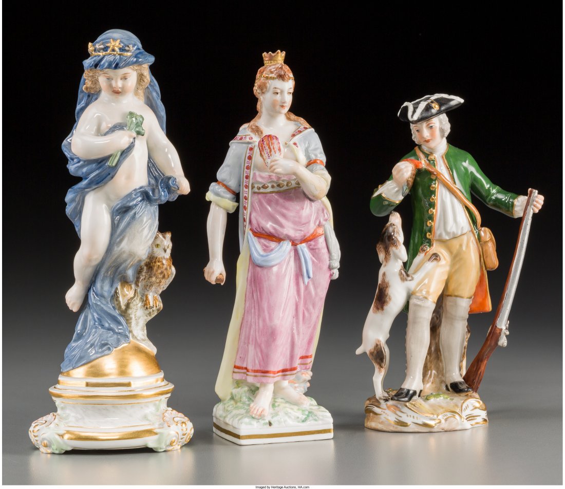 Three Meissen and KPM Porcelain Figures, 19th century: Three Meissen and KPM Porcelain Figures, 19th century Marks: (crossed swords in blue underglaze), (various); (scepter in blue underglaze), (various) 6-3/4 inches high (17.1 cm) (tallest) Lot comprisin