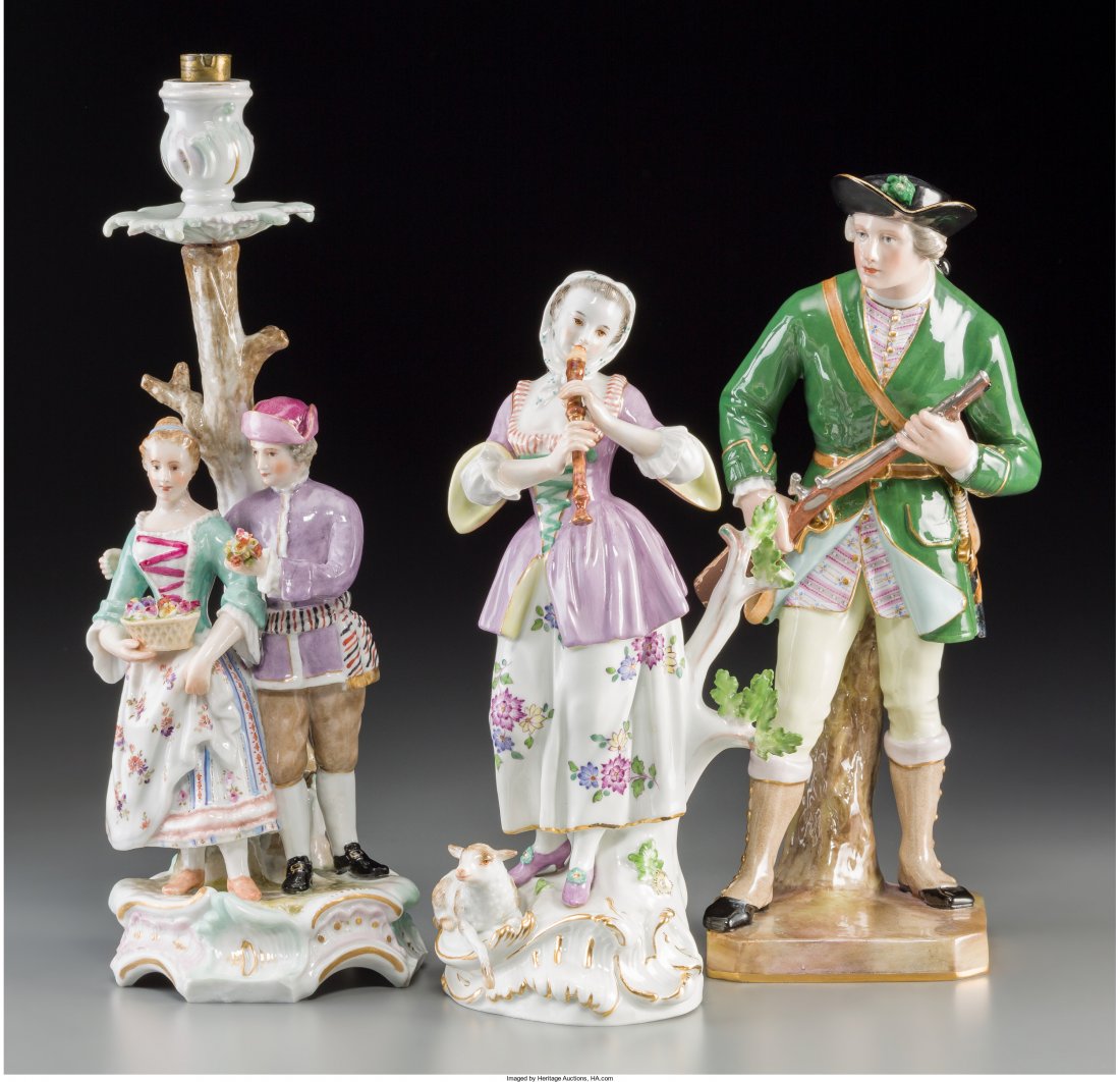 Three Meissen and Dresden Porcelain Figures: Hunter,: Three Meissen and Dresden Porcelain Figures: Hunter, Female Musician, Couple Candelabrum, late 19th-early 20th century Marks: (crossed swords in blue underglaze), (various) 12-3/4 inches high (32.4 cm