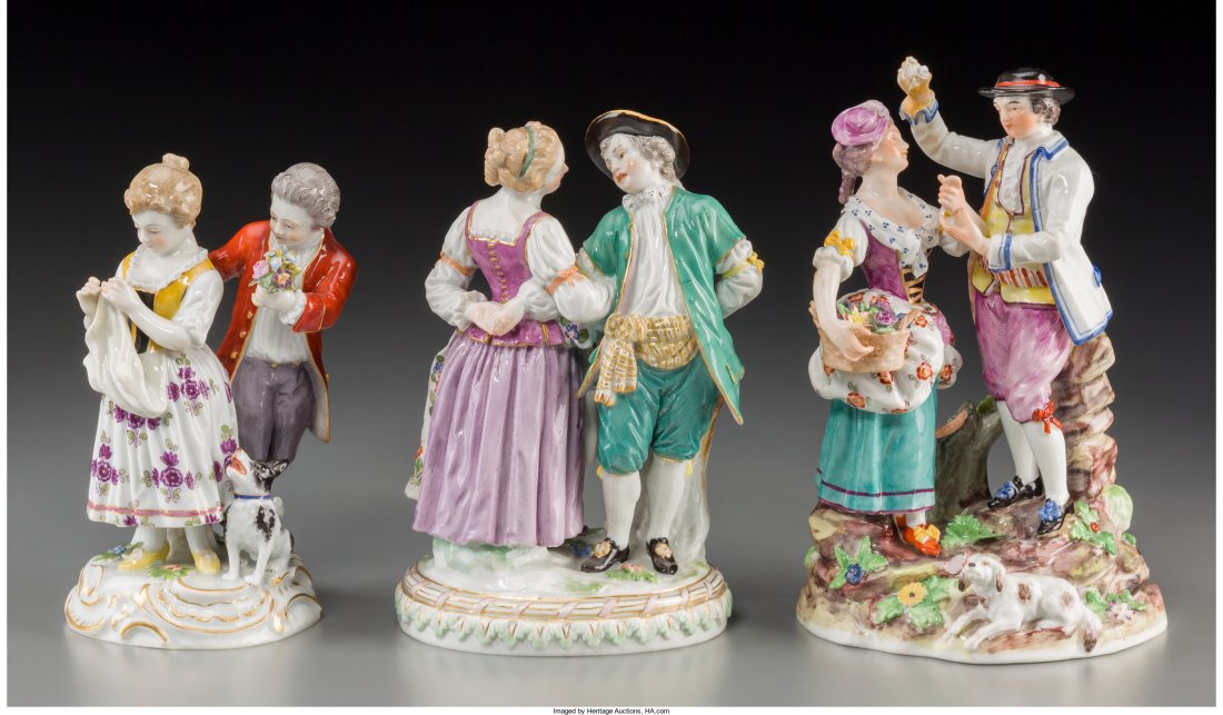Three Meissen and Dresden Porcelain Figural Groups,: Three Meissen and Dresden Porcelain Figural Groups, late 19th-early 20th century Marks: (crossed swords in blue underglaze), (various) 6-3/8 inches high (16.2 cm) (tallest) HID04901242017
