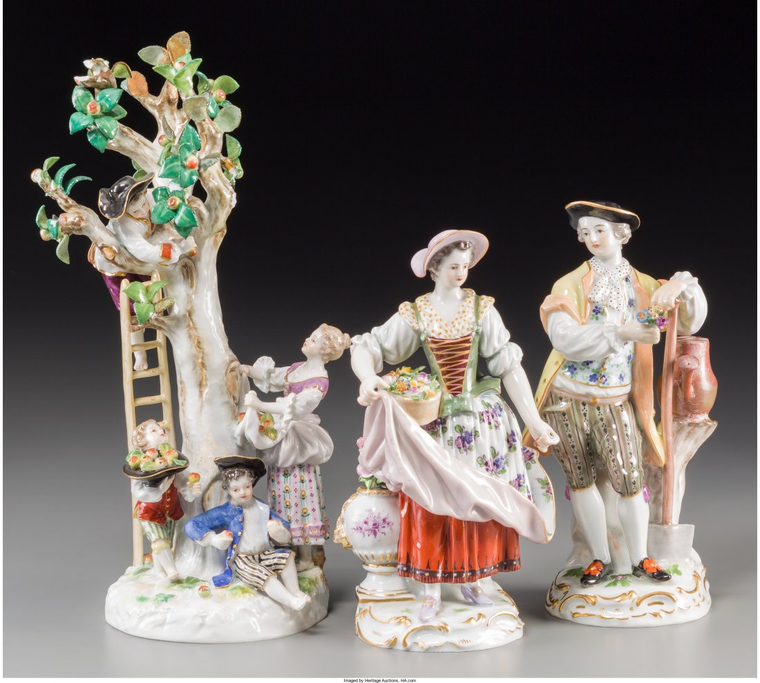 Three Meissen Porcelain Figures: Apple Pickers, Spring: Three Meissen Porcelain Figures: Apple Pickers, Spring Gardeners, late 19th-early 20th century Marks: (crossed swords in blue underglaze), (various) 10-5/8 inches high (27.0 cm) (tallest) HID049012420
