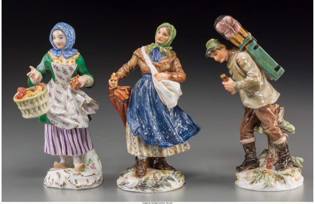 Three Meissen Porcelain Figures: Mountaineer, Village: Three Meissen Porcelain Figures: Mountaineer, Village Women, late 19th-early 20th century Marks: (crossed swords in blue underglaze) 5-5/8 inches high (14.3 cm) (tallest) HID04901242017