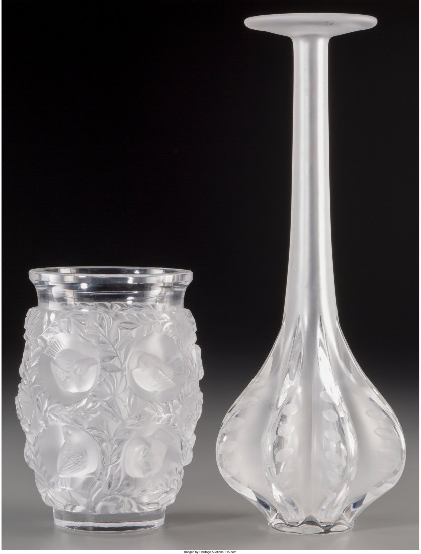 Two Lalique Clear and Frosted Glass Bagatelle and: Two Lalique Clear and Frosted Glass Bagatelle and Claude Vases, post-1945 Marks: Lalique, France 13-3/8 inches high (34.0 cm) (Claude) HID04901242017