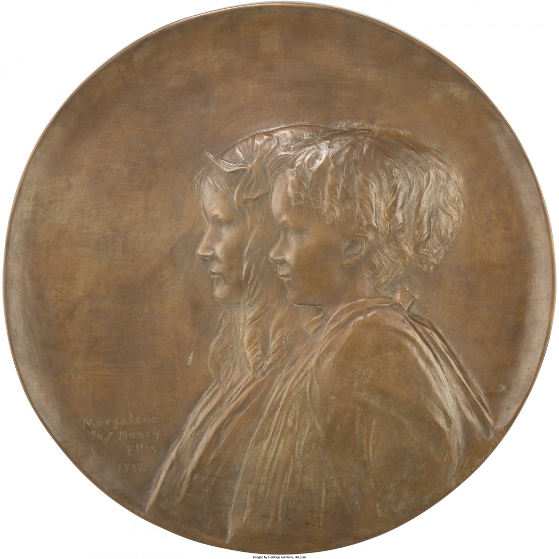N. V. Walker (American, 20th Century) Mary Jane and: N. V. Walker (American, 20th Century) Mary Jane and Nancy Ellis, 1927 Bronze 21-1/2 inches diameter Inscribed: N. V. Walker HID04901242017