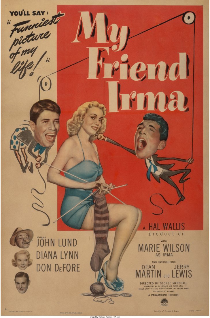 A Framed My Friend Irma Movie Poster (Paramount, 1949).: A Framed My Friend Irma Movie Poster (Paramount, 1949). Three Sheet (40.5" X 79.5"). Comedy. Starring John Lund, Diana Lynn, Don DeFore, Marie Wilson, Dean Martin, and Jerry Lewis. Directed by George