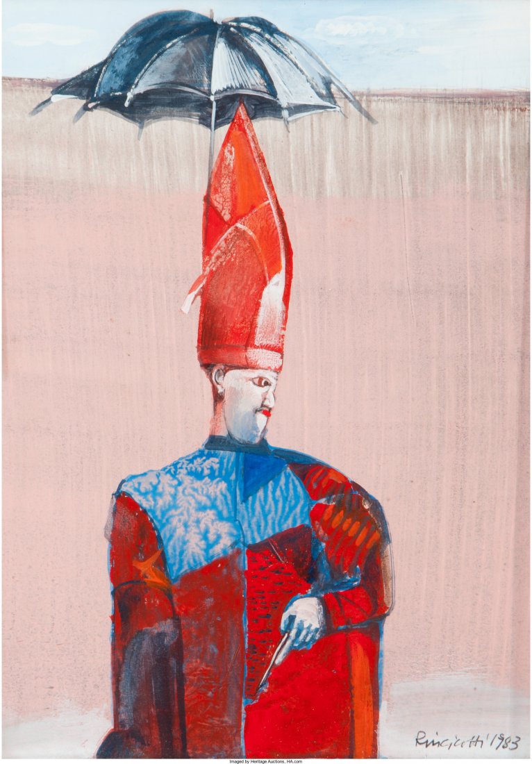 Luigi Rincicotti (Italian, b. 1941) Cardinale con: Luigi Rincicotti (Italian, b. 1941) Cardinale con Ombrello, 1983 Mixed media on board 9-1/4 x 6-7/8 inches (23.5 x 17.5 cm) Signed and dated in pencil lower right: Rincicotti 1983 This work is accompa