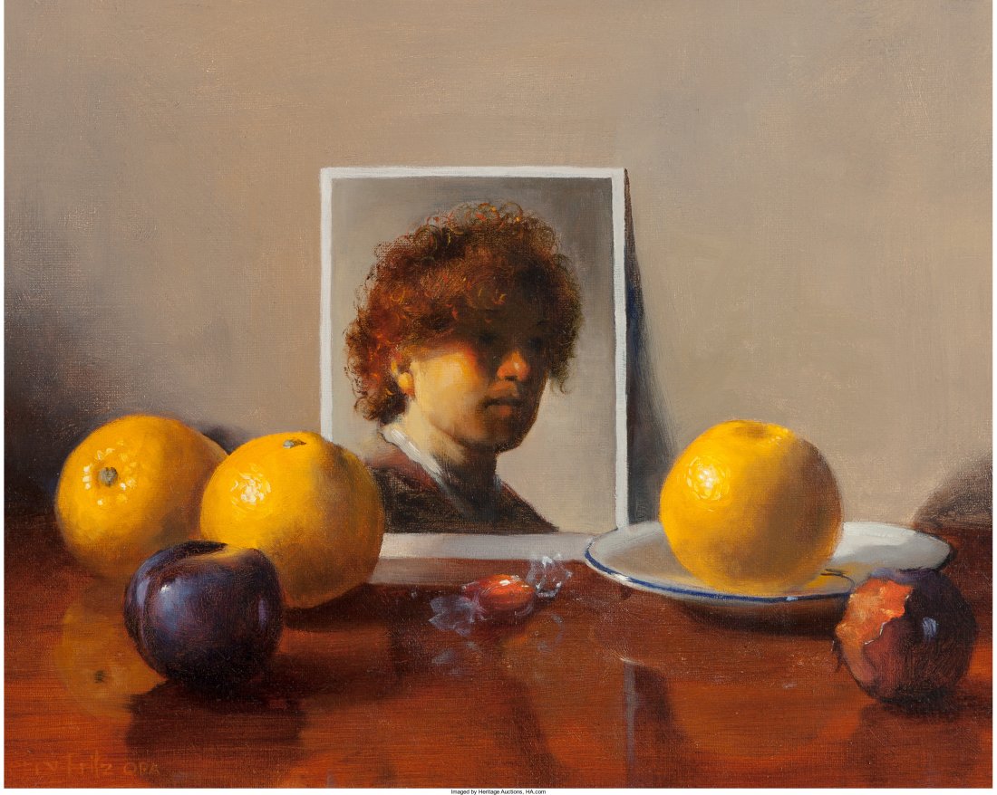 Berry Fritz (American, 20th Century) Rembrandt with: Berry Fritz (American, 20th Century) Rembrandt with Fruit Oil on canvas 11 x 14 inches (27.9 x 35.6 cm) Signed lower left: Berry Fritz OPA HID04901242017