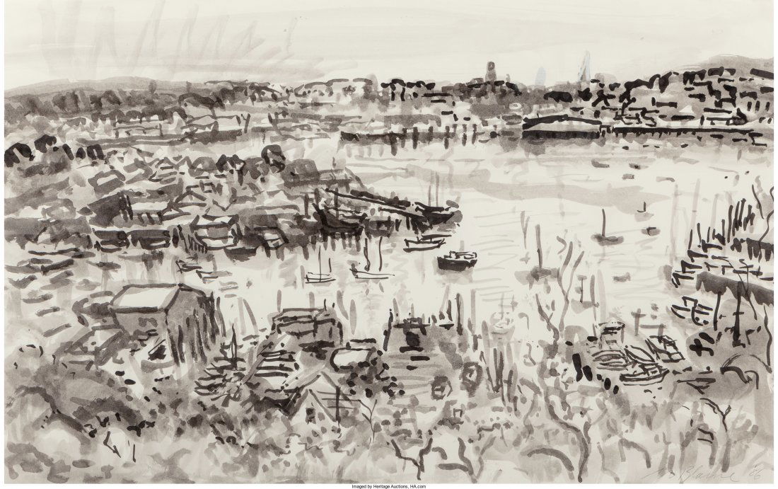 Nell Blaine (American, 1922-1996) The Harbor from: Nell Blaine (American, 1922-1996) The Harbor from Banner Hill, 1986 Ink on paper 16-3/4 x 26-3/4 inches (42.5 x 67.9 cm) (image) Signed and dated lower right: N Blaine '86 PROVENANCE: Fischbach Galler