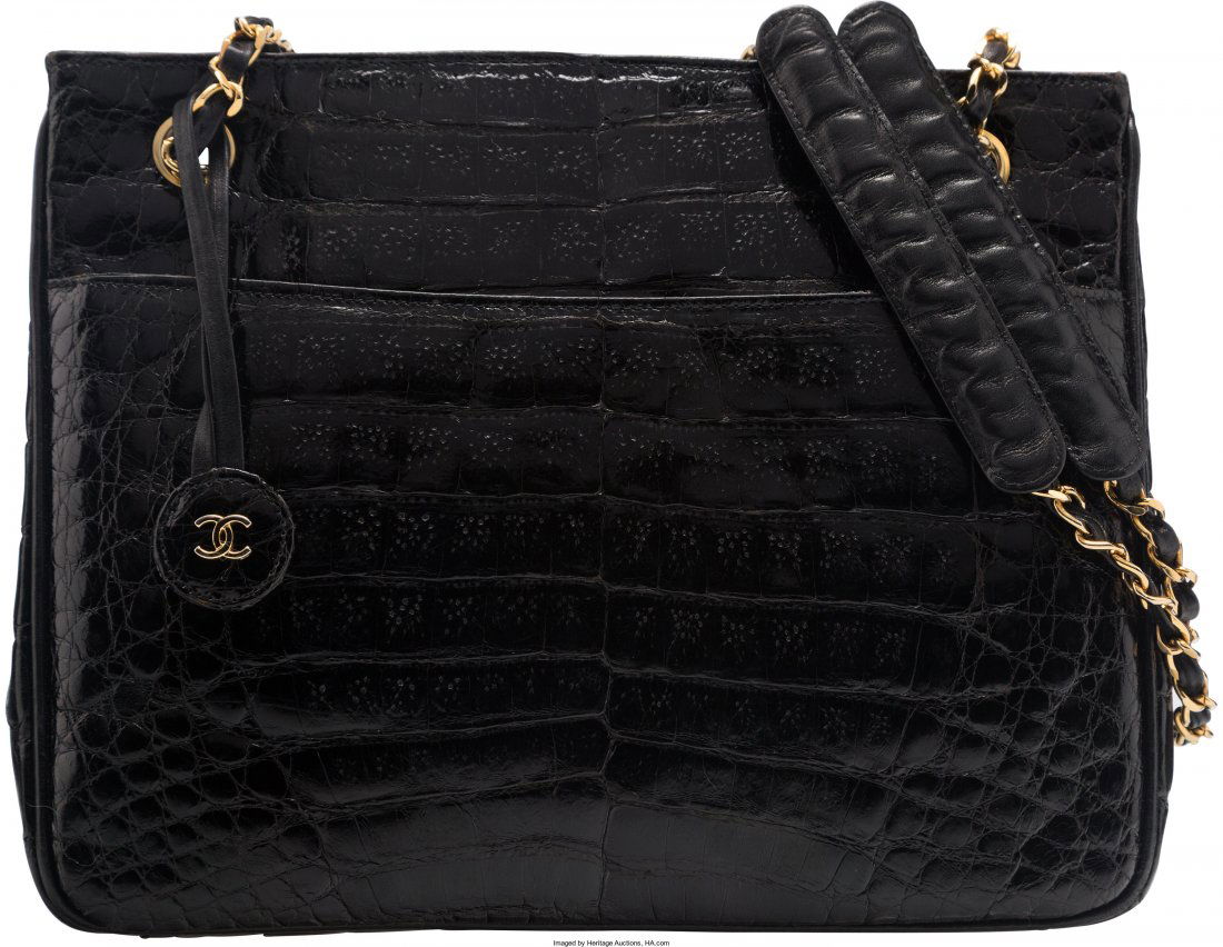 Chanel Shiny Black Caiman Crocodile Shoulder Bag (1 of 4)