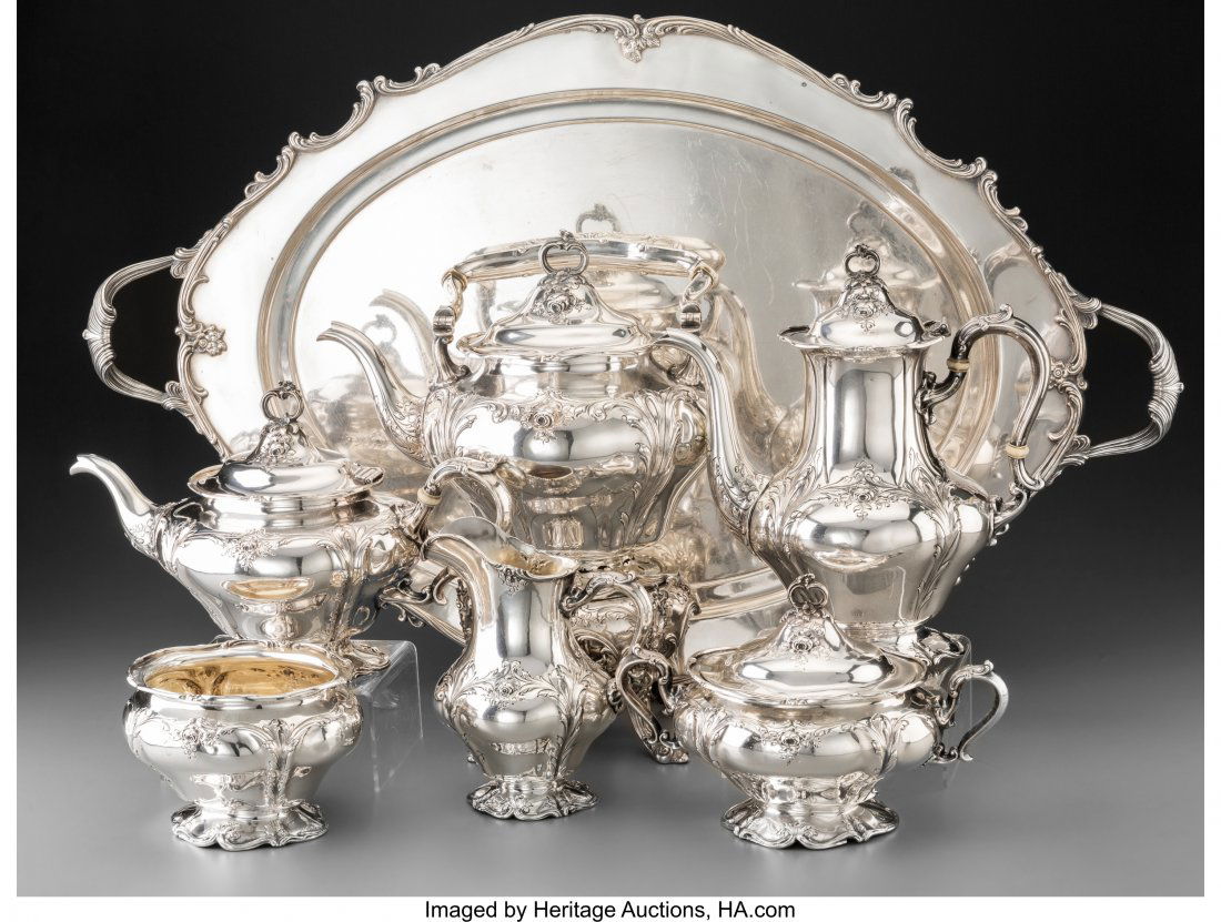 A Seven-Piece Gorham Chantilly Pattern Silver Te (1 of 3)